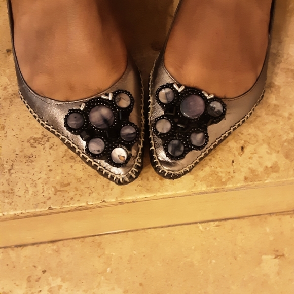 Shoes - Bellini Pewter Skimmer Flat with Decorative Beading